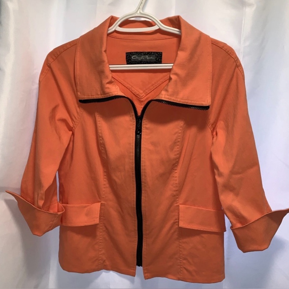 Cheryl Noah Tangerine Stretchy Blazer Jacket Zipper Black Trim Women's Small